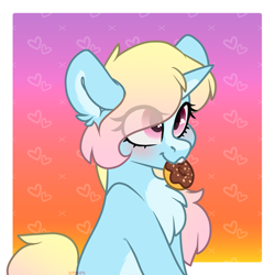 Size: 4000x4000 | Tagged: safe, artist:spoopygander, oc, oc:dotty donut, pony, unicorn, biting, blaze (coat marking), blushing, chest fluff, coat markings, crack ship offspring, cute, donut, ear fluff, female, filly, food, horn, looking up, multicolored hair, pale belly, smiling, solo