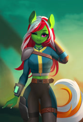 Size: 1535x2235 | Tagged: safe, artist:frieder1, oc, oc only, oc:wandering sunrise, anthro, fallout equestria, fallout equestria: dead tree, :3, adorasexy, anthro oc, armor, belt, clothes, cute, elbow pads, eyelashes, fallout, female, green, mare, midriff, one eye closed, pauldron, pipbuck, sexy, short shirt, stable-tec, thigh gap, vault suit, wink, ych result