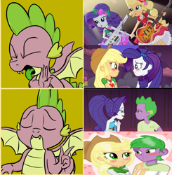 Size: 709x722 | Tagged: safe, artist:georgegarza01, artist:pony-berserker edits, edit, edited screencap, screencap, applejack, rarity, spike, dragon, better together, equestria girls, legend of everfree, rollercoaster of friendship, spring breakdown, anti-shipping, applespike, drake, equestria girls-ified, female, geode of super strength, hotline bling, human spike, implied lesbian, implied rarijack, implied shipping, magical geodes, male, meme, op is a cuck, op is trying to start shit, shipping, sparity, straight, winged spike