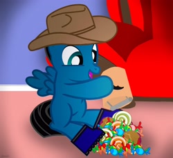 Size: 3600x3300 | Tagged: safe, artist:agkandphotomaker2000, oc, oc:pony video maker, pegasus, pony, apple, boots, candy, candy apple (food), candy container, childhood memories, clothes, colt, costume, cowboy, cowboy boots, cowboy hat, food, hat, lollipop, male, nightmare night, shoes, sofa, solo