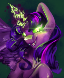 Size: 2500x3000 | Tagged: safe, artist:thewickedvix, twilight sparkle, twilight sparkle (alicorn), alicorn, pony, atg 2019, corrupted twilight sparkle, dark magic, evil, female, glowing eyes, glowing horn, grin, horn, magic, newbie artist training grounds, smiling, solo