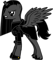 Size: 736x841 | Tagged: safe, artist:joe blaze, derpibooru exclusive, oc, oc only, oc:cold bitter hatred, alicorn, pony, pony creator, alternate timeline, alternate universe, angry, broken horn, clothes, hatred (game), large wings, male, solo, stallion, torn ear, trenchcoat