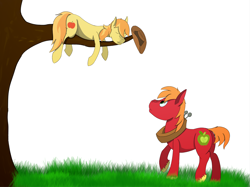 Size: 2554x1909 | Tagged: safe, artist:daudaen, big macintosh, braeburn, earth pony, pony, angry, grass, simple background, sleeping, tree, tree branch, white background