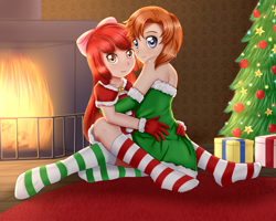 Size: 2000x1600 | Tagged: safe, artist:focusb, apple bloom, human, anime, christmas, christmas tree, clothes, commission, fireplace, higurashi no naku koro ni, holiday, humanized, looking at you, ornaments, rena ryuugu, socks, striped socks, tree, when they cry