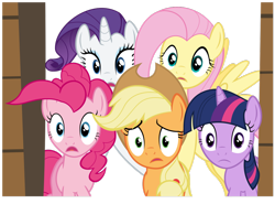 Size: 1280x946 | Tagged: artist needed, safe, applejack, fluttershy, pinkie pie, rarity, twilight sparkle, unicorn twilight, earth pony, pegasus, pony, unicorn, over a barrel, blank expression, female, mare, shocked expression, simple background, transparent background, vector, worried