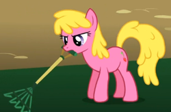 Size: 413x271 | Tagged: safe, screencap, cherry berry, earth pony, pony, swarm of the century, background pony, cropped, female, frown, mare, mouth hold, rake, solo