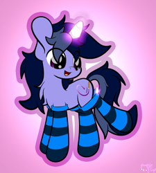 Size: 1800x2000 | Tagged: safe, artist:kimjoman, oc, oc only, oc:purple flix, pony, unicorn, chest fluff, clothes, cute, gradient background, magic, male, simple background, socks, solo, striped socks, telekinesis