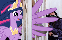 Size: 945x606 | Tagged: safe, artist:digimonlover101, edit, princess twilight 2.0, twilight sparkle, twilight sparkle (alicorn), alicorn, pony, the last problem, axe, female, here's johnny, jack, mare, meme, older, the shining, weapon, wendy torrance