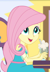 Size: 726x1048 | Tagged: safe, screencap, fluttershy, better together, equestria girls, holidays unwrapped, beautiful, canterlot mall, cropped, cute, dashing through the mall, drinking straw, female, food, geode of fauna, happy, ice cream, ice cream soda, magical geodes, shyabetes, smiling, soda, table