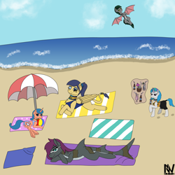 Size: 4000x4000 | Tagged: safe, artist:nightwind-arts, oc, oc only, oc:anuli, oc:glimmering tide, oc:nightwind, oc:starlight, oc:velvet meadow, bat pony, original species, shark, shark pony, sphinx, unicorn, bat pony oc, beach, beach ball, beach towel, beach umbrella, clothes, cloud, cloudy, drink, ear fluff, ear piercing, flying, folded wings, glasses, jewelry, magic, ocean, on side, piercing, prone, shark pony oc, sphinx oc, spread wings, swimsuit, unicorn oc, wings