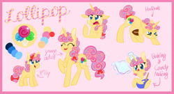 Size: 3897x2100 | Tagged: safe, artist:cartoonboyfriends, oc, oc:lollipop, pony, unicorn, american football, apron, clothes, crying, female, filly, mare, multiple parents, offspring, parent:applejack, parent:fluttershy, parent:pinkie pie, parent:rainbow dash, parent:rarity, parent:twilight sparkle, parents:omniship, reference sheet, sports