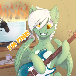 Size: 1200x1200 | Tagged: safe, artist:striped-chocolate, oc, oc only, oc:energytone, pegasus, pony, burning, clothes, crazy face, derp, disaster, eye clipping through hair, faic, guitar, it's fine, male, microphone, musical instrument, rcf community, solo, stallion