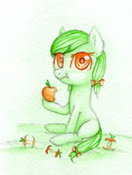 Size: 1500x2000 | Tagged: safe, artist:0okami-0ni, apple munchies, apple, apple core, apple family member, female, filly, food, huevember, solo, traditional art