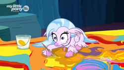 Size: 1920x1080 | Tagged: safe, screencap, silverstream, classical hippogriff, hippogriff, uprooted, cave of harmony, discovery family logo, frown, lying down, paint bucket, paintbrush, painting, shrunken pupils, soaked, this will end in tears, thousand yard stare, wet, wet mane, wide eyes