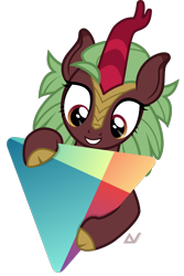 Size: 1800x2699 | Tagged: safe, artist:arifproject, cinder glow, summer flare, kirin, app icon, cinderbetes, cloven hooves, cute, google play, grin, holding, hug, kirinbetes, looking at something, simple background, smiling, solo, transparent background, triangle, vector