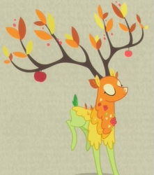 Size: 451x511 | Tagged: safe, the great seedling, deer, going to seed, apple, branches for antlers, cropped, dryad, eyes closed, food, male, solo, spirit