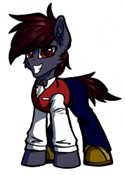 Size: 2600x3646 | Tagged: safe, artist:movieskywalker, derpibooru exclusive, oc, oc only, oc:skywalk shadow, earth pony, pony, 2020 community collab, bowtie, clothes, derpibooru community collaboration, looking at you, male, pants, shoes, simple background, smiley face, solo, stallion, suit, transparent background, uniform