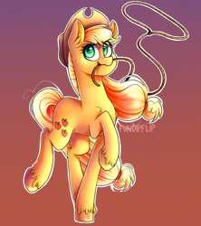 Size: 733x825 | Tagged: safe, artist:fundipflip, derpibooru import, applejack, earth pony, pony, cute, ear fluff, female, gradient background, jackabetes, lasso, mare, mouth hold, rope, solo, unshorn fetlocks