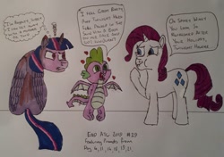 Size: 1505x1057 | Tagged: safe, artist:rapidsnap, derpibooru import, rarity, spike, twilight sparkle, twilight sparkle (alicorn), alicorn, dragon, pony, unicorn, sunburn, traditional art, winged spike