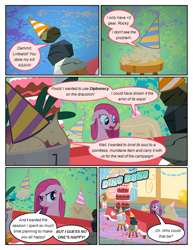 Size: 612x792 | Tagged: safe, artist:newbiespud, derpibooru import, edit, edited screencap, screencap, mr. turnip, pinkie pie, rocky, sir lintsalot, earth pony, pony, comic:friendship is dragons, party of one, annoyed, balloon, cake, comic, dialogue, female, floppy ears, food, grin, hat, hooves, insanity, mare, onomatopoeia, open mouth, party hat, pinkamena diane pie, screencap comic, smiling, solo, stool