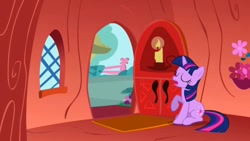 Size: 1280x720 | Tagged: safe, screencap, twilight sparkle, unicorn twilight, pony, unicorn, the ticket master, door, flower, golden oaks library, solo