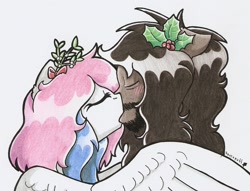 Size: 1254x957 | Tagged: safe, artist:ravenpuff, oc, oc:flux chord, oc:ghostly mist, pegasus, pony, female, holly, kissing, male, mare, mistletoe, stallion, traditional art