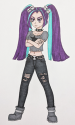 Size: 376x625 | Tagged: safe, artist:metalamethyst, aria blaze, equestria girls, boots, choker, clothes, crossed arms, goth, metal, nail polish, ripped, ripped pants, ripped shirt, shirt, shoes, simple background, skull, spiked choker, the dazzlings, traditional art, white background