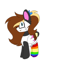 Size: 1378x1378 | Tagged: safe, artist:circuspaparazzi5678, oc, oc only, oc:pocky panda, panda pony, pegasus, pony, bow, clothes, paws, ponytail, rainbow socks, simple background, socks, solo, striped socks, transparent background