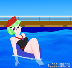 Size: 2312x2187 | Tagged: safe, artist:cyber-murph, drama letter, watermelody, better together, equestria girls, spring breakdown, background human, beret, breasts, busty watermelody, cleavage, clothes, feet, hat, inner tube, one-piece swimsuit, relaxing, smiling, swimming pool, swimsuit, thighs