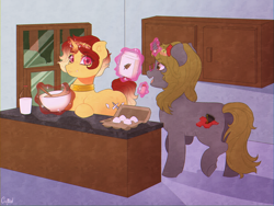 Size: 4000x3000 | Tagged: safe, artist:svpernxva, oc, oc only, oc:jessie feuer, oc:luri equestria, pony, unicorn, bowl, box, collar, cooking, cupboard, digital art, egg, fangs, female, flour, flower, glasses, jessuri, kitchen, looking at each other, magic, magic aura, male, mare, open mouth, stallion, window