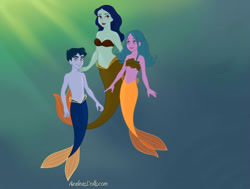 Size: 820x620 | Tagged: safe, artist:azaleasdolls, artist:pone 2.0, henry handle, manestrum, technicolor waves, mermaid, belly button, blue beauty, breasts, brother and sister, cleavage, clothes, crossover, family, female, male, merboy, mermaid maker, mermaidized, merman, mermanized, midriff, mother, partial nudity, siblings, smiling, species swap, tail, the little mermaid, topless, underwater