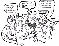 Size: 3285x2547 | Tagged: safe, artist:jamestkelley, derpibooru import, applejack, discord, maud pie, yona, oc, draconequus, earth pony, pony, yak, applejack's hat, black and white, cowboy hat, cute, discute, flannel, friendship, glasses, grayscale, group, happy, hat, hug, jim miller, lying down, maudabetes, monochrome, ponysona, praise, pun, simple background, sitting, yonadorable