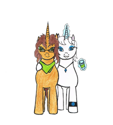 Size: 1417x1566 | Tagged: safe, artist:assertiveshypony, oc, oc:green scroll, oc:snowmoon, pony, unicorn, 2020 community collab, clothes, derpibooru community collaboration, hug, looking at you, magic, male, paper cup, scarf, simple background, transparent background