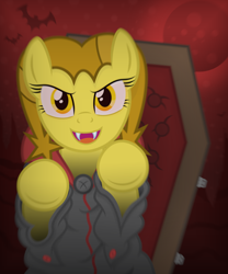 Size: 2500x3000 | Tagged: safe, artist:devfield, oc, oc only, oc:golden star, bat, earth pony, pony, undead, vampire, vampony, blood moon, bloodshot eyes, blurry, blurry background, button, canyon, cape, clothes, coffin, costume, fangs, female, golden eyes, grin, halloween, halloween costume, hinges, holiday, hooves, hooves up, jumpscare, mare, moon, nightmare night, nightmare night costume, open mouth, red background, red sky, shading, shadow, show accurate, simple background, smiling, solo, stars, two toned mane, vignette