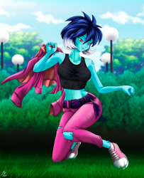 Size: 1746x2152 | Tagged: safe, alternate version, artist:mauroz, princess ember, spike, equestria girls, belly button, clothes, converse, equestria girls-ified, female, hoodie, jacket, leather jacket, midriff, pants, shoes, sneakers, sports bra, tanktop