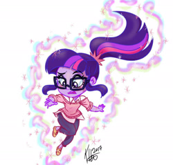Size: 2330x2230 | Tagged: safe, artist:katrina hadley, artist:lunchie, sci-twi, twilight sparkle, equestria girls, chibi, clothes, glasses, magic, official fan art, open mouth, pants, signature, simple background, solo, white background