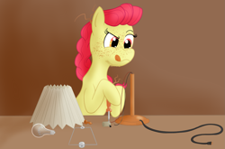 Size: 2653x1755 | Tagged: safe, artist:sixes&sevens, apple bloom, earth pony, pony, alternate hairstyle, female, freckles, inktober, inktober 2019, lamp, lampshade, lightbulb, mare, repairing, screwdriver, tongue out, wires