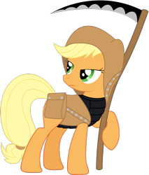 Size: 830x972 | Tagged: safe, artist:totallynotabronyfim, derpibooru import, applejack, earth pony, pony, armor, female, hood, magical girl, magical girl outfit, saddle bag, scythe, simple background, solo, transparent background