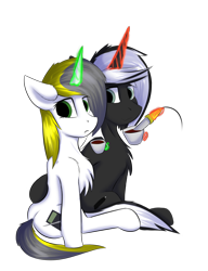 Size: 1000x1300 | Tagged: safe, artist:observerdoz, oc, oc only, oc:doz, oc:yellowglaze, pony, unicorn, 2020 community collab, derpibooru community collaboration, duo, transparent background, yelloz