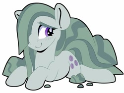 Size: 720x542 | Tagged: safe, artist:party__like, artist:partylikeanartist, marble pie, earth pony, pony, blushing, hair over one eye, looking away, lying down, rock, rock farm, simple background, solo, wingding eyes