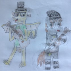 Size: 1488x1488 | Tagged: safe, artist:myoozik, derpibooru exclusive, oc, oc only, oc:myoozik the dragon, oc:sunray shadow, dragon, acoustic guitar, bipedal, brown eyes, cap, clothes, cutie mark, cutie mark on clothes, dragon oc, glasses, guitar, happy, hat, jewelry, looking at each other, male, musical instrument, necklace, photo, playing, playing instrument, raised leg, shirt, singing, sketchbook, smiling, socks, spread wings, stallion, standing, striped socks, strumming, top hat, traditional art, wings