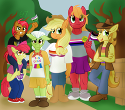 Size: 2481x2186 | Tagged: safe, artist:sixes&sevens, apple bloom, applejack, babs seed, big macintosh, braeburn, granny smith, anthro, agender, alternate hairstyle, apple bloom's bow, apple family, applejack's hat, asexual, asexual pride flag, boots, bow, braeburn's hat, brother and sister, clothes, cousins, cowboy boots, cowboy hat, family, family photo, female, fence, freckles, gay, gay pride flag, gender headcanon, genderfluid, genderfluid pride flag, genderqueer, genderqueer pride flag, granny smith's scarf, hair bow, hat, headcanon, lesbian, lesbian pride flag, lgbt headcanon, male, nonbinary, outdoors, pansexual, pansexual pride flag, piggyback ride, pride, sexuality headcanon, shoes, siblings, tree