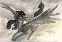 Size: 3125x2142 | Tagged: safe, artist:angusdra, oc, oc only, pegasus, pony, flying, monochrome, solo, traditional art