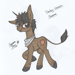 Size: 1778x1774 | Tagged: safe, alternate version, artist:serenepony, oc, oc:serene tone, donkey, hybrid, pony, unicorn, donkey unicorn, glasses, looking back, male, simple background, smiling, solo, stallion, traditional art, tube scarf