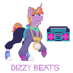 Size: 600x600 | Tagged: safe, artist:flashbrush, oc, oc only, oc:dizzy beats, pony, unicorn, bling, chains, clock, clothes, converse, ear piercing, earring, female, gold chains, hoodie, horn, horn ring, jewelry, mare, necklace, open mouth, pants, piercing, raised hoof, shoes, simple background, socks, solo, sweatpants, transparent background, unshorn fetlocks