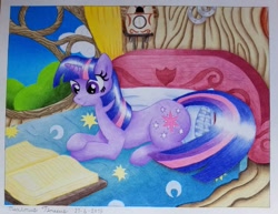 Size: 1017x786 | Tagged: safe, artist:maximustimaeus, twilight sparkle, pony, unicorn, bed, book, clock, colored pencil drawing, female, golden oaks library, horseshoes, pillow, traditional art