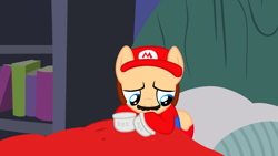 Size: 1999x1124 | Tagged: safe, artist:katnekobase, artist:user15432, pegasus, pony, barely pony related, base used, bed, bedroom, blanket, book, bookshelf, cap, clothes, crossover, frightened, gloves, hat, mario, mario's hat, nintendo, overalls, pillow, sad face, scared, shirt, super mario bros., undershirt