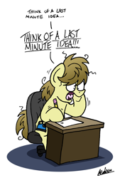 Size: 1422x2106 | Tagged: safe, artist:bobthedalek, oc, oc only, oc:kettle master, pony, atg 2019, desk, inception, messy mane, newbie artist training grounds, office chair, paper, pencil, self-reference, stressed, twitch