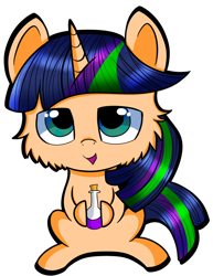 Size: 786x1017 | Tagged: safe, artist:rainbowtashie, oc, oc only, oc:heckfy improver, pony, unicorn, chibi, commission, cute, digital art, holding, hoof hold, looking at you, male, potion, simple background, sitting, solo, stallion, transparent background