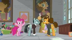 Size: 1920x1080 | Tagged: safe, screencap, cheese sandwich, pinkie pie, pony, the last laugh, alternate hairstyle, clothes, sans smirk, sweater, turtleneck